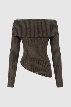 off shoulder sweater front view, off shoulder sweater side view, diagonal hem sweater detail, distressed knit sweater texture, 