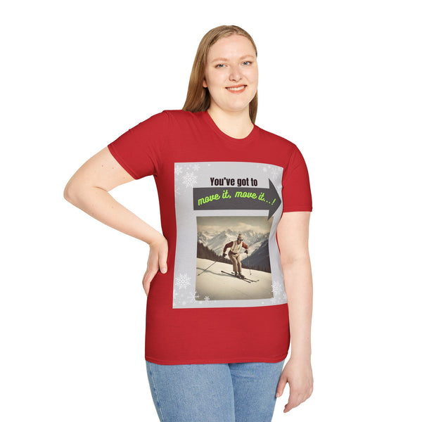 Retro Ski Lover T-Shirt: Move It, Move It!  Motivational Tee for Her or Him.