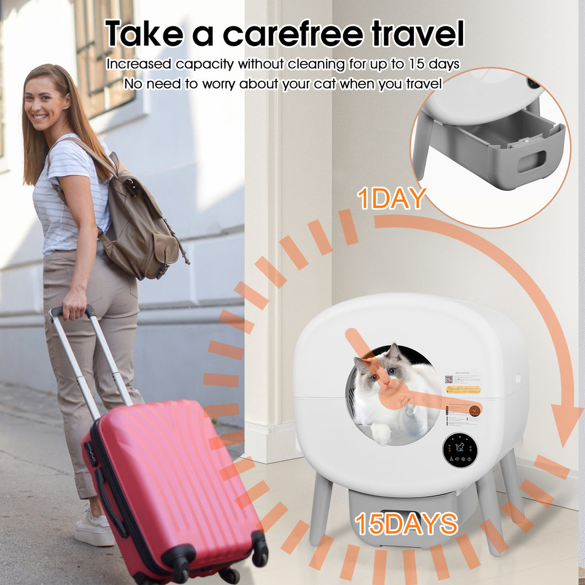 Litter box holds up to 15 days of waste for one cat while you travel