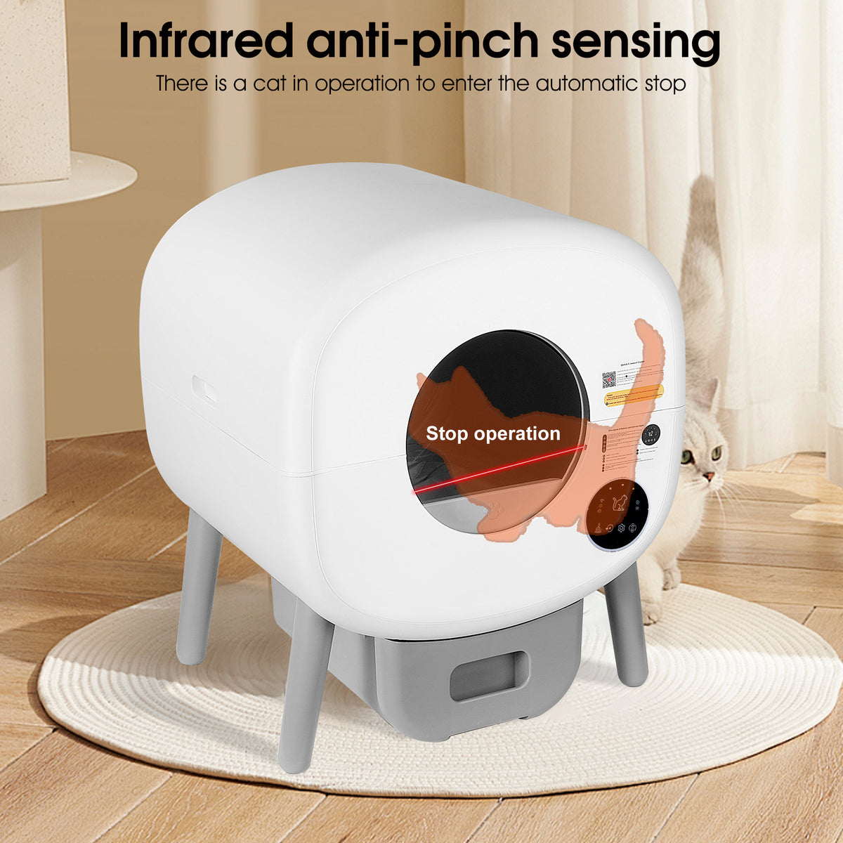 Infrared anti-pinch sensor stops the drum when a cat is inside