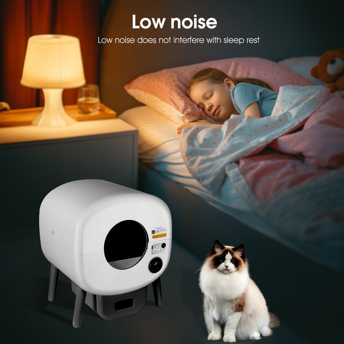 Quiet self-cleaning litter box running at night next to a sleeping owner