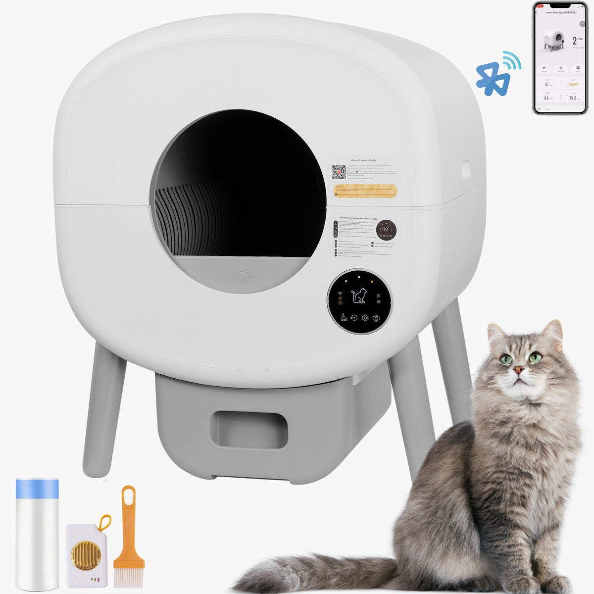 White and gray automatic cat litter box with app control and waste drawer