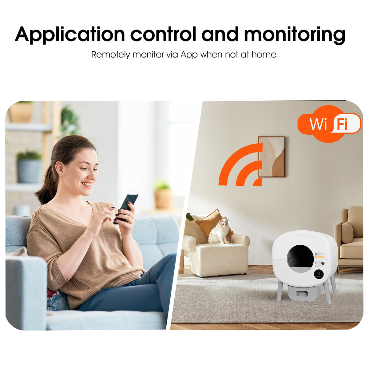 Owner checking the litter box remotely over Wi-Fi from the couch