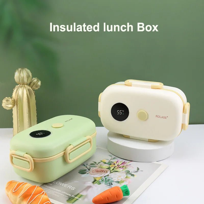 Heated lunch box shown with steam rising from freshly packed food. Parent packing a healthy school lunch into the smart lunch box. Lunch box with LCD screen showing internal food temperature.