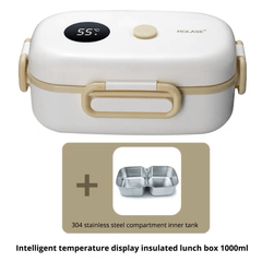 Smart heated lunch box displayed with a variety of colorful, healthy ingredients. Lunch box being unzipped from an insulated carry bag during a road trip. Freshly packed lunch in the heated container promoting mindful eating on the go.