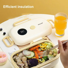 Smart heated lunch box with digital temperature display on a kitchen counter. Insulated lunch box filled with a warm, healthy meal for school. Portable lunch container packed with nutritious food for work. Sleek modern lunch box with solid color design and secure lid.