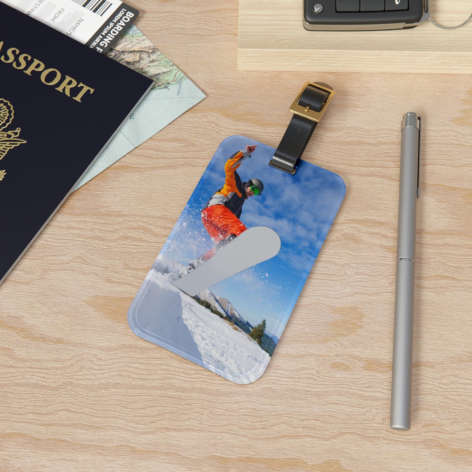 Luggage tags for snowboarding equipment and travel suitcases.