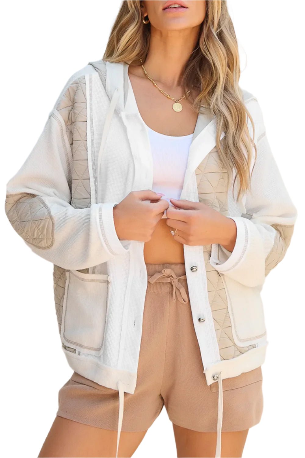 Sophisticated Color Block Hooded Jacket with Quilted Accents and Elegant Buttons. Lightweight jacket. Hoodie for women.