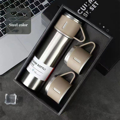 Insulated stainless steel thermos cup shown with multiple lid options and sleek modern finish