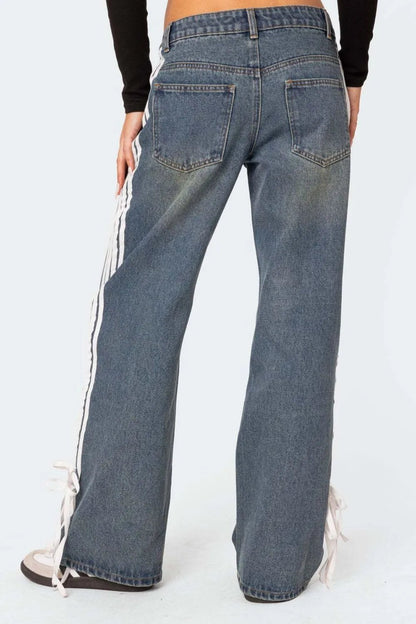 Washed dark blue denim with stripes. Wide jeans. Y2K modern fit pants.