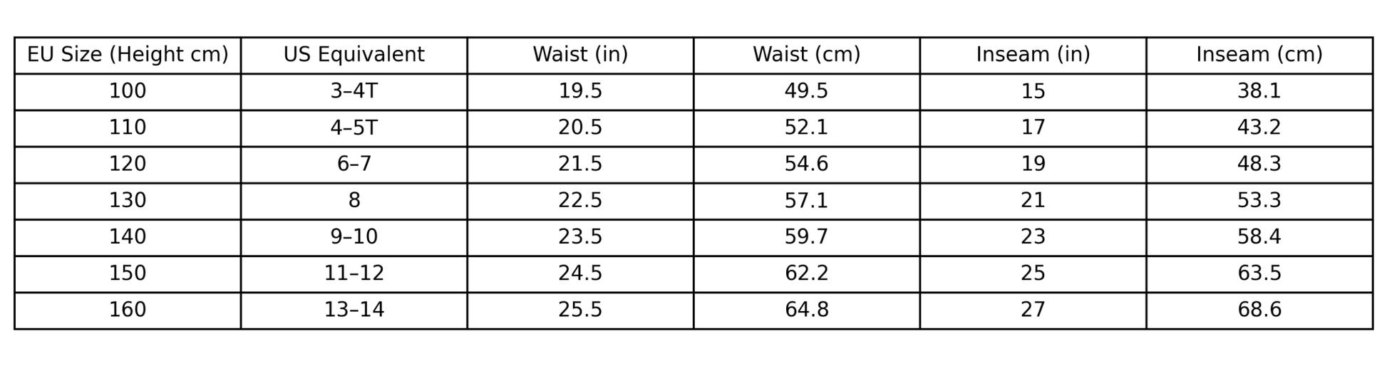Table showing EU size equivalents to US sizes with measurements for height, waist, and inseam.