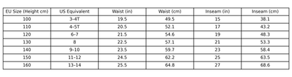 Table showing EU size equivalents to US sizes with measurements for height, waist, and inseam.