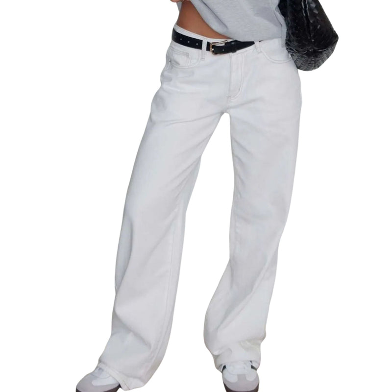 White stretchy jeans for women. Mid rise jeans. Low rise jeans with straight leg. Best jeans for her. All-day wear versatile dressy jeans.