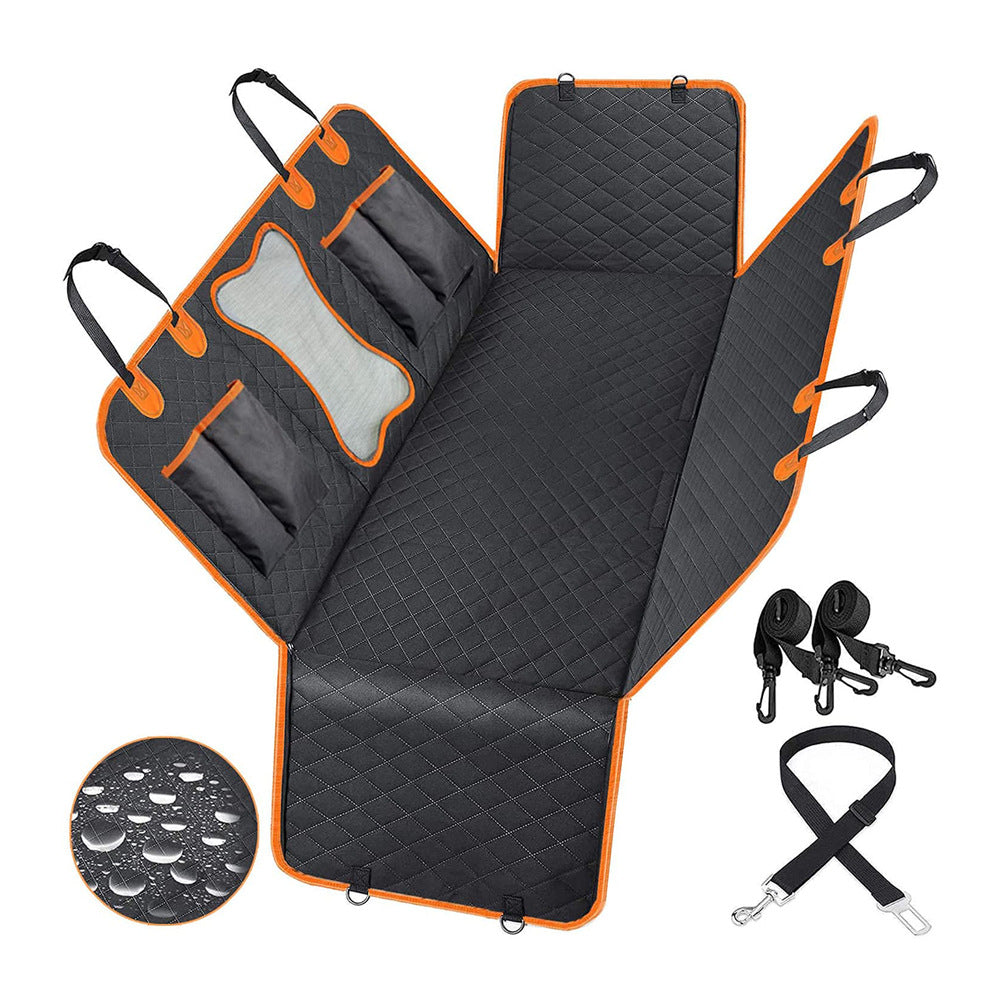 Black quilted dog hammock with orange trim, headrest straps, seat anchors, pet seat belt and non-slip backing