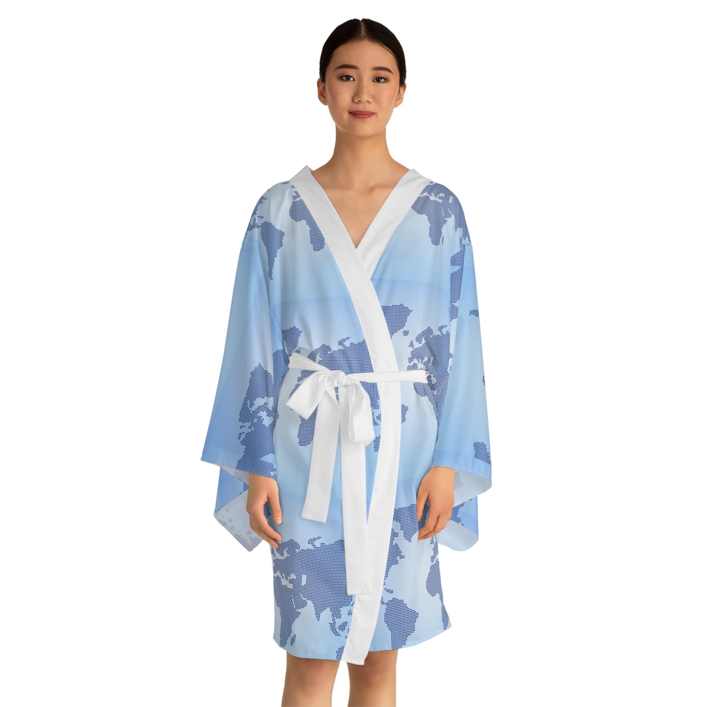 Woman wearing world map kimono robe. Lightweight kimono robe for lounging