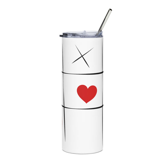 XOXO Game Water Tumbler, 20oz white stainless steel tumbler with straw and red heart tic-tac-toe design - front view